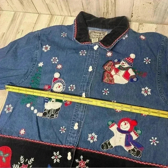 Vintage Ton Trums Denim Button Up Shirt Christmas Tree Snowman Medium - Picture 10 of 11